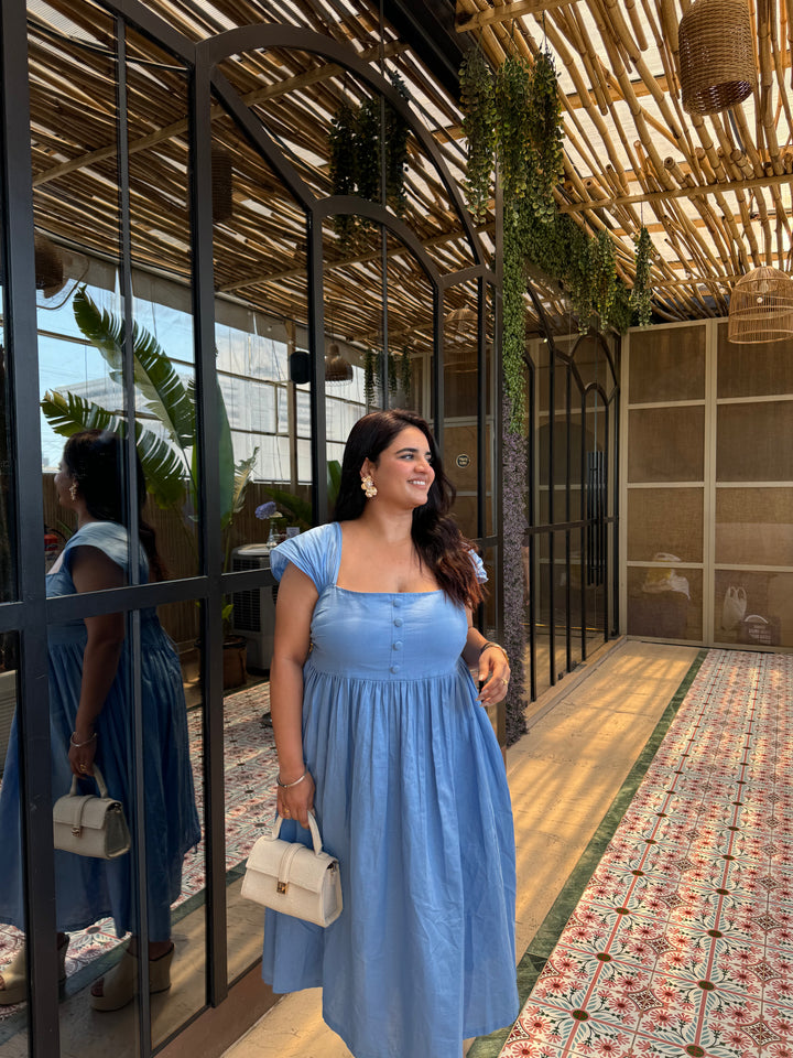 Prableen Kaur Bhomrah In Vibrant Vision Linen Dress ( Aqua Blue )