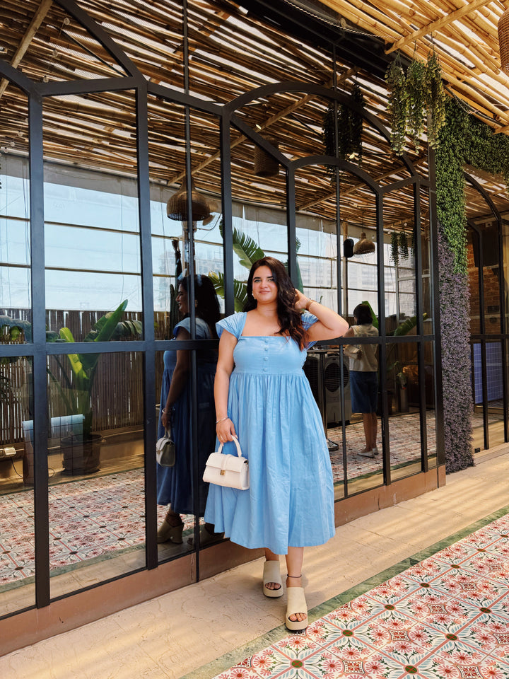 Prableen Kaur Bhomrah In Vibrant Vision Linen Dress ( Aqua Blue ) - Zilaire