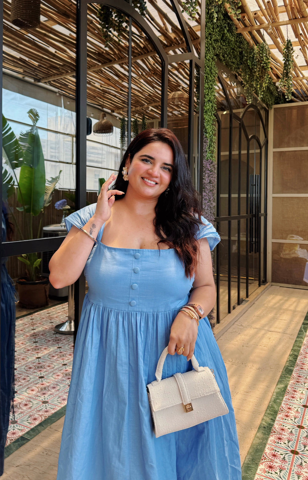 Prableen Kaur Bhomrah In Vibrant Vision Linen Dress ( Aqua Blue ) - Zilaire