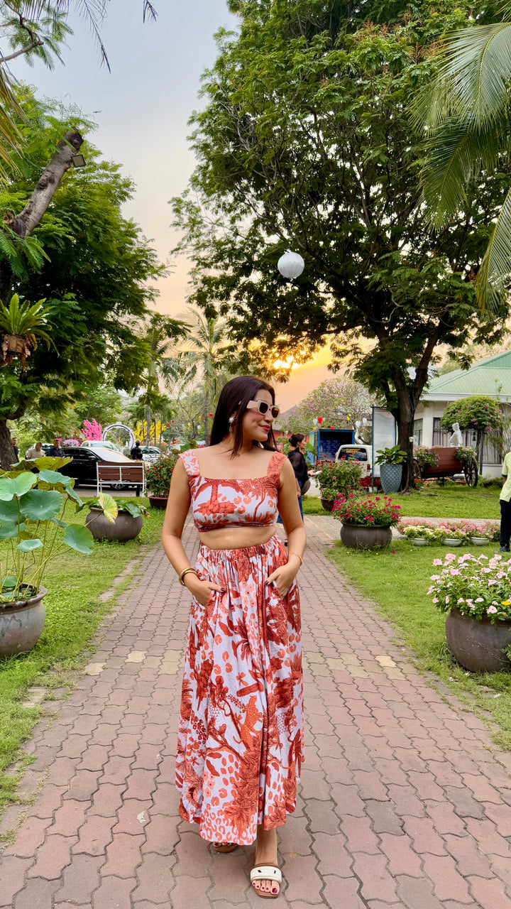 Sugandh Gulati In Saffrine skirt co - ord set(orange colour) - Zilaire
