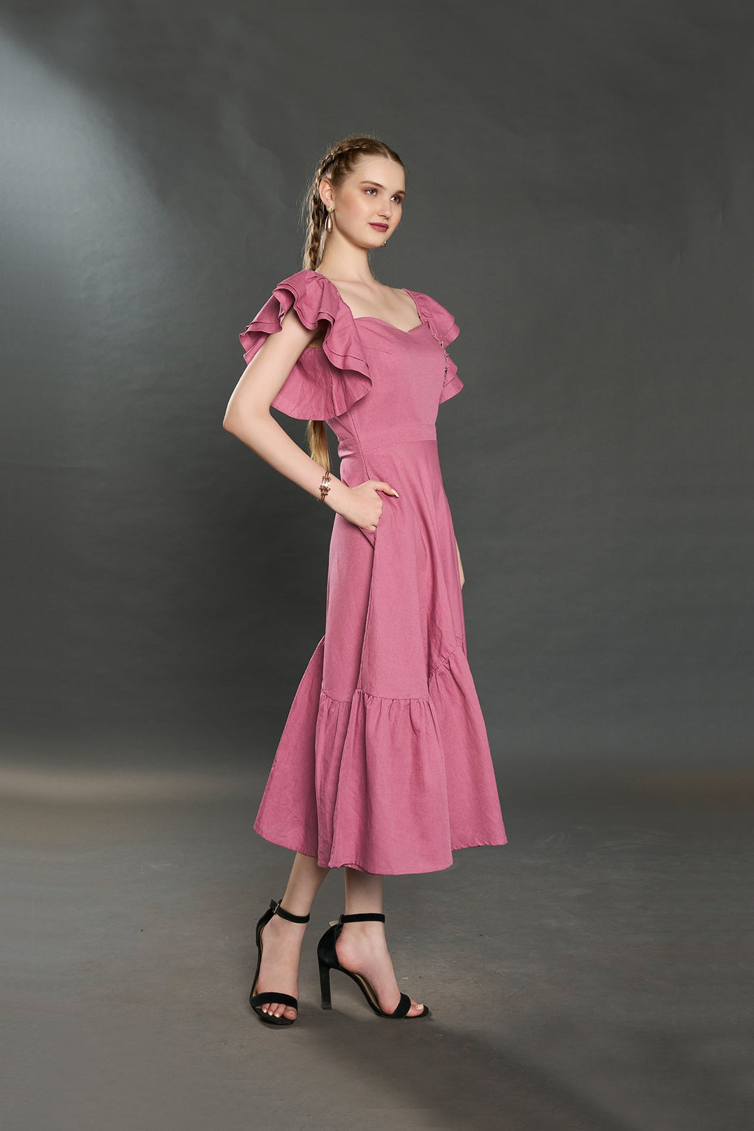 Viona Elengant Linen Dress (Rose Pink) - Zilaire
