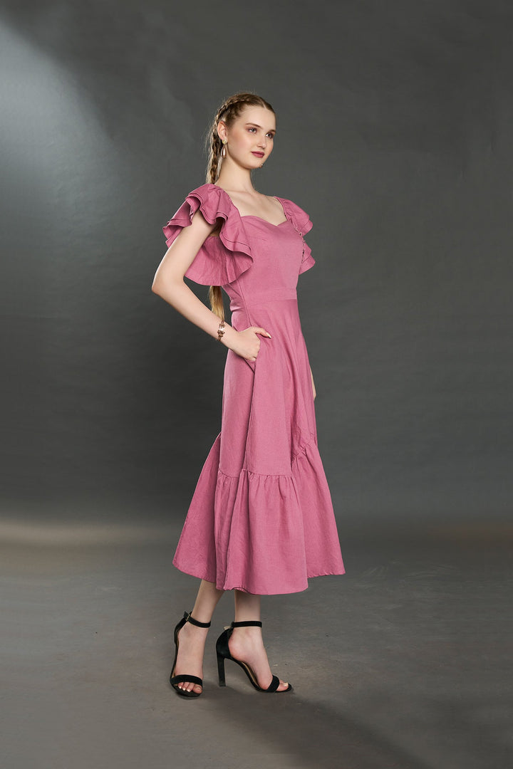 Viona Elengant Linen Dress (Rose Pink) - Zilaire