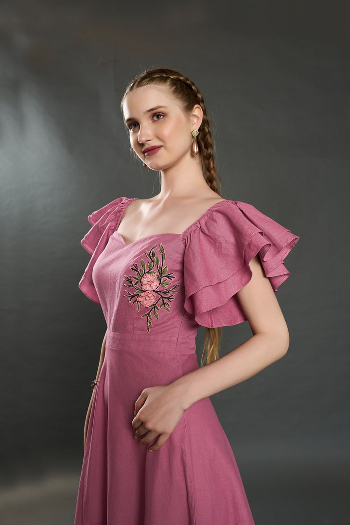 Viona Elengant Linen Dress (Rose Pink) - Zilaire