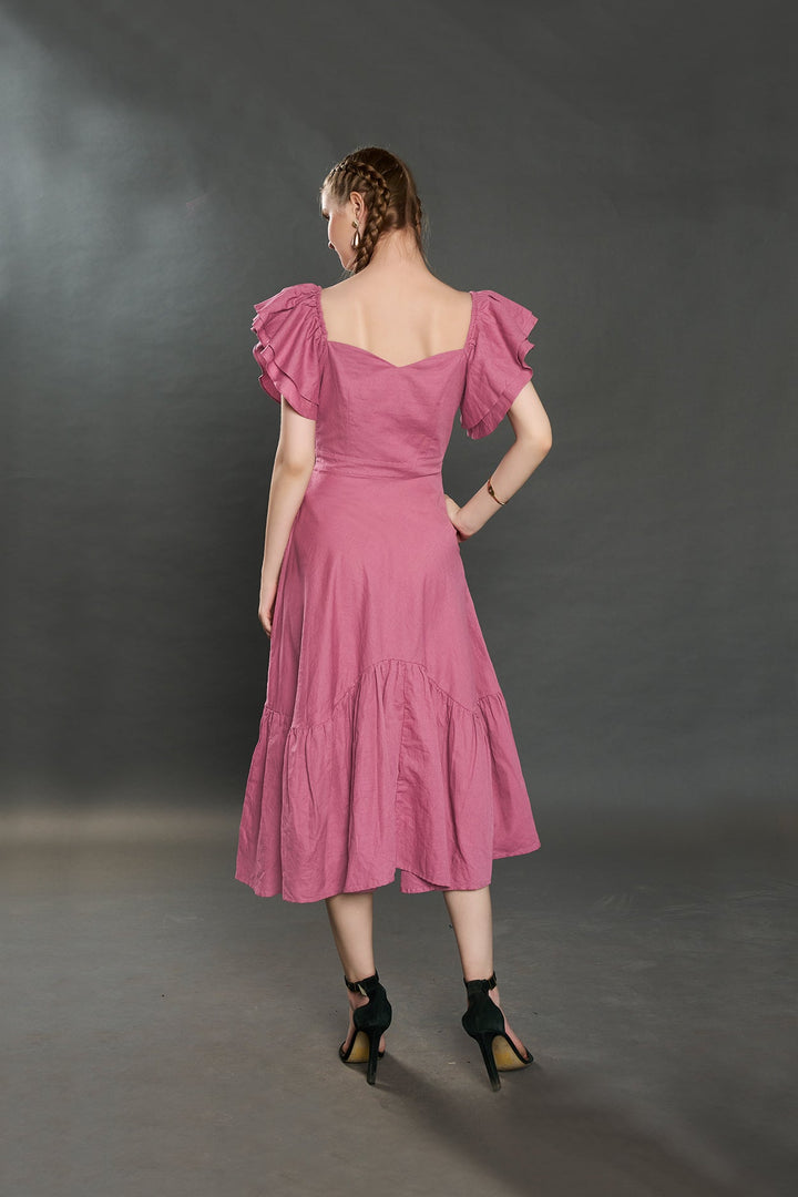 Viona Elengant Linen Dress (Rose Pink) - Zilaire