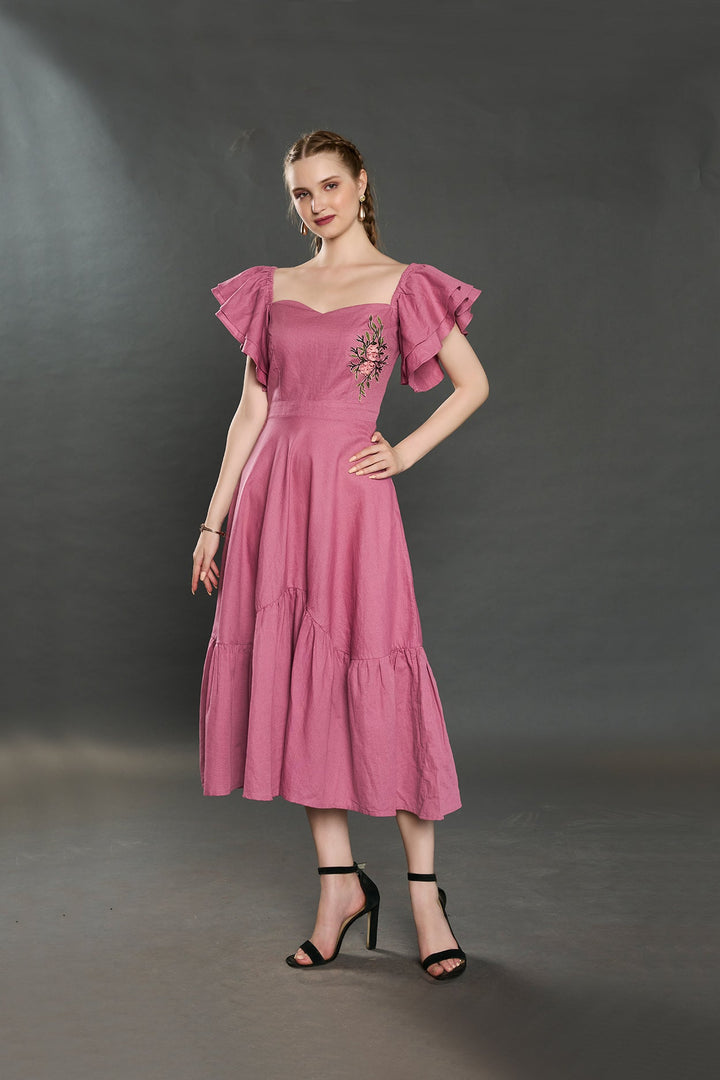 Viona Elengant Linen Dress (Rose Pink) - Zilaire